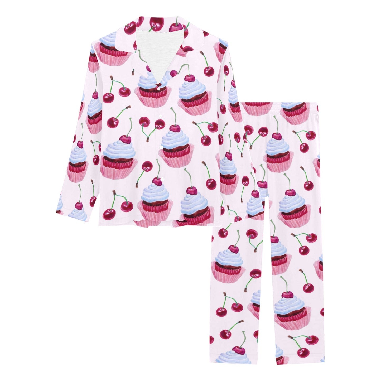 Cherry Cupcake Pink Pattern Women's Long Pajama Set