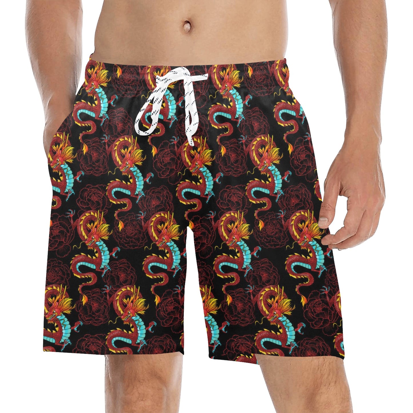 Chinese Dragons and Peonies Design Men's Swim Trunks Beach Shorts