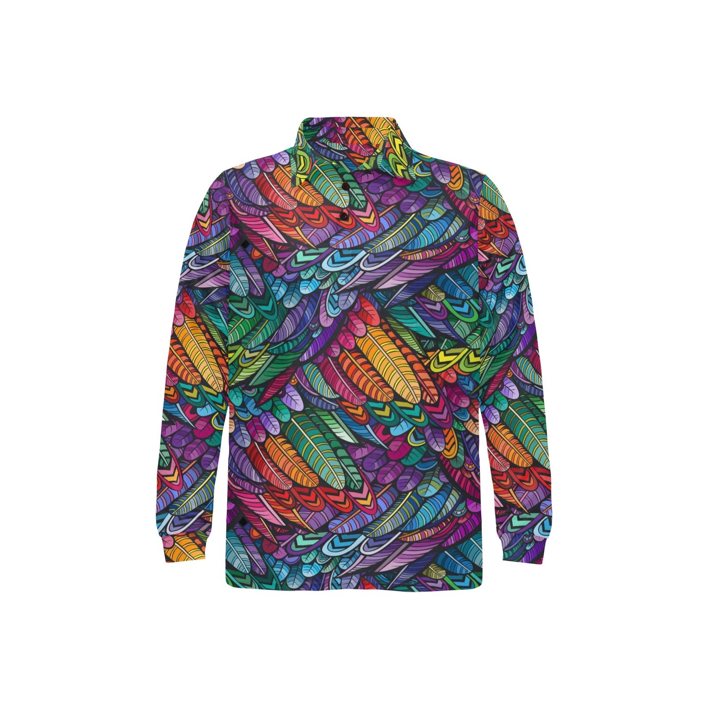 Feather Multicolor Design Print Long Sleeve Polo Shirt For Men's