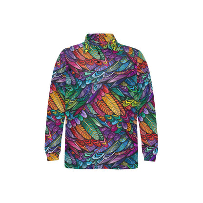 Feather Multicolor Design Print Long Sleeve Polo Shirt For Men's