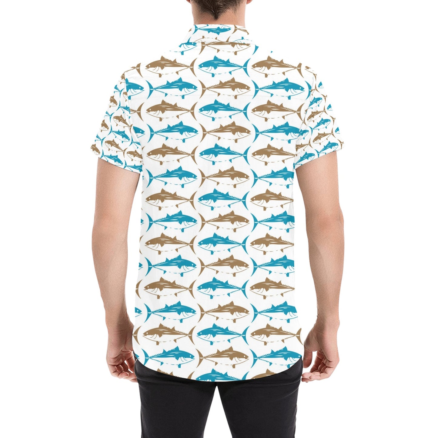 Tuna Fish Print Design LKS301 Men Short Sleeve Button Up Shirt