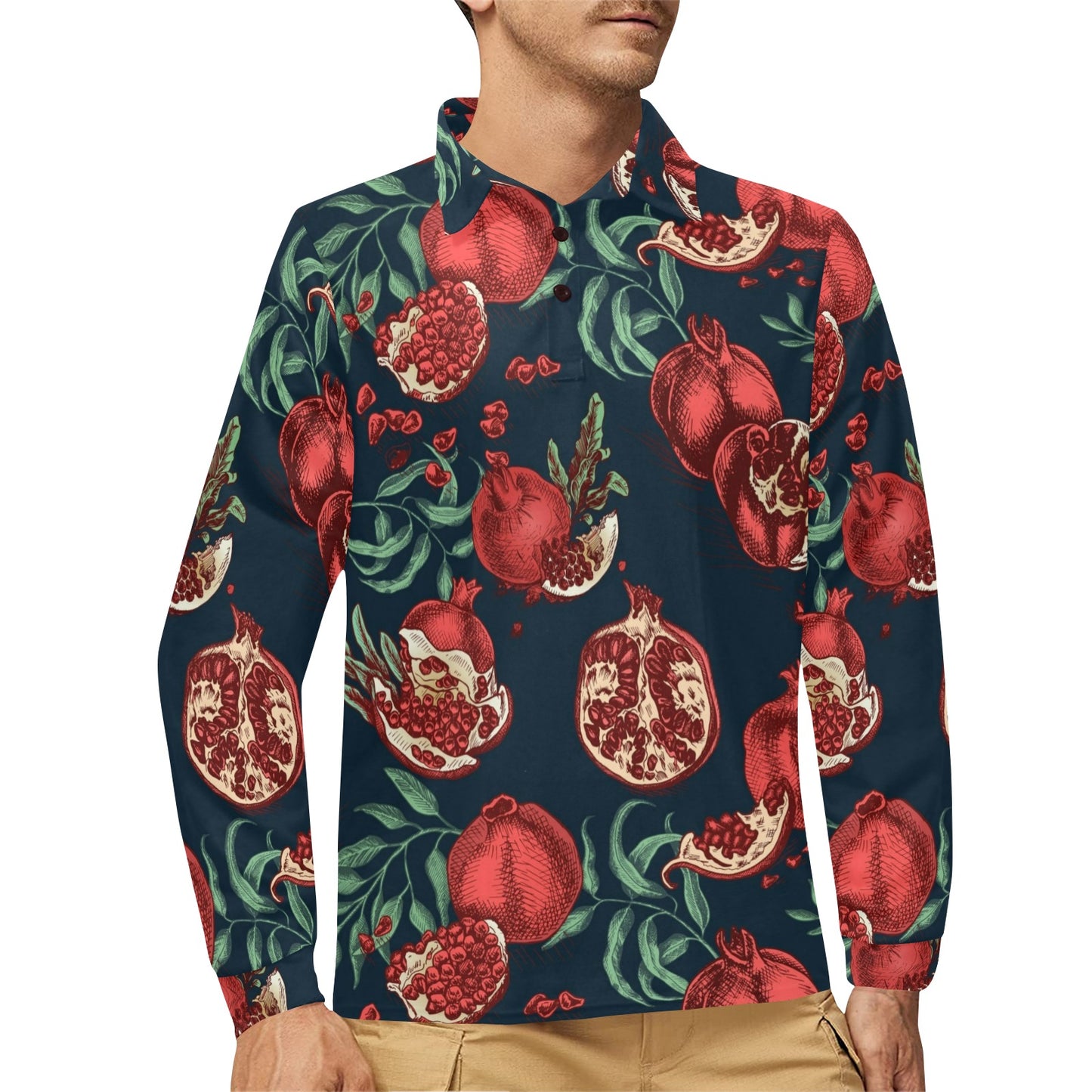 Pomegranate Pattern Print Design PG04 Long Sleeve Polo Shirt For Men's
