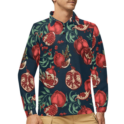 Pomegranate Pattern Print Design PG04 Long Sleeve Polo Shirt For Men's