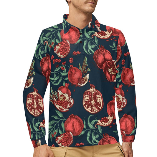 Pomegranate Pattern Print Design PG04 Long Sleeve Polo Shirt For Men's