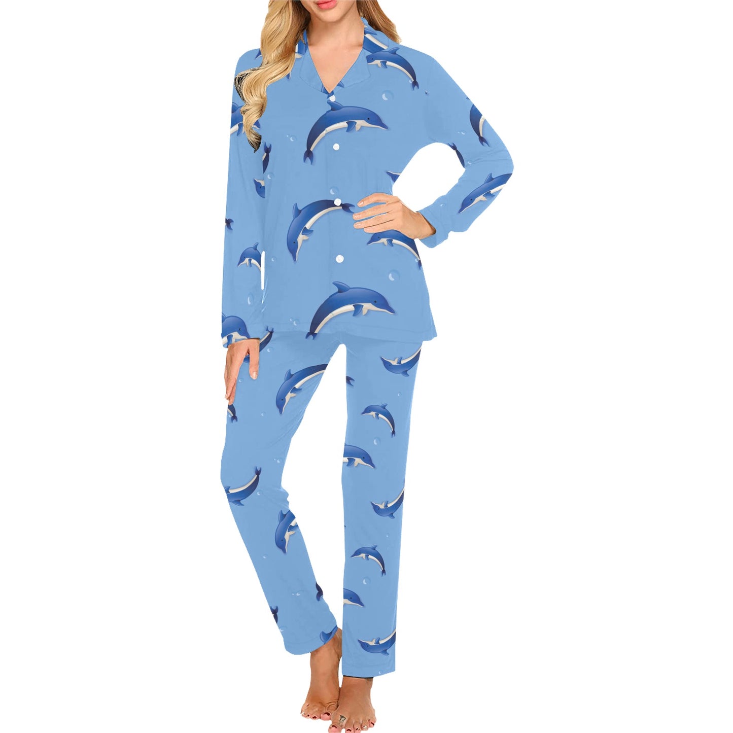 Dolphin Blue Print Women's Long Pajama Set