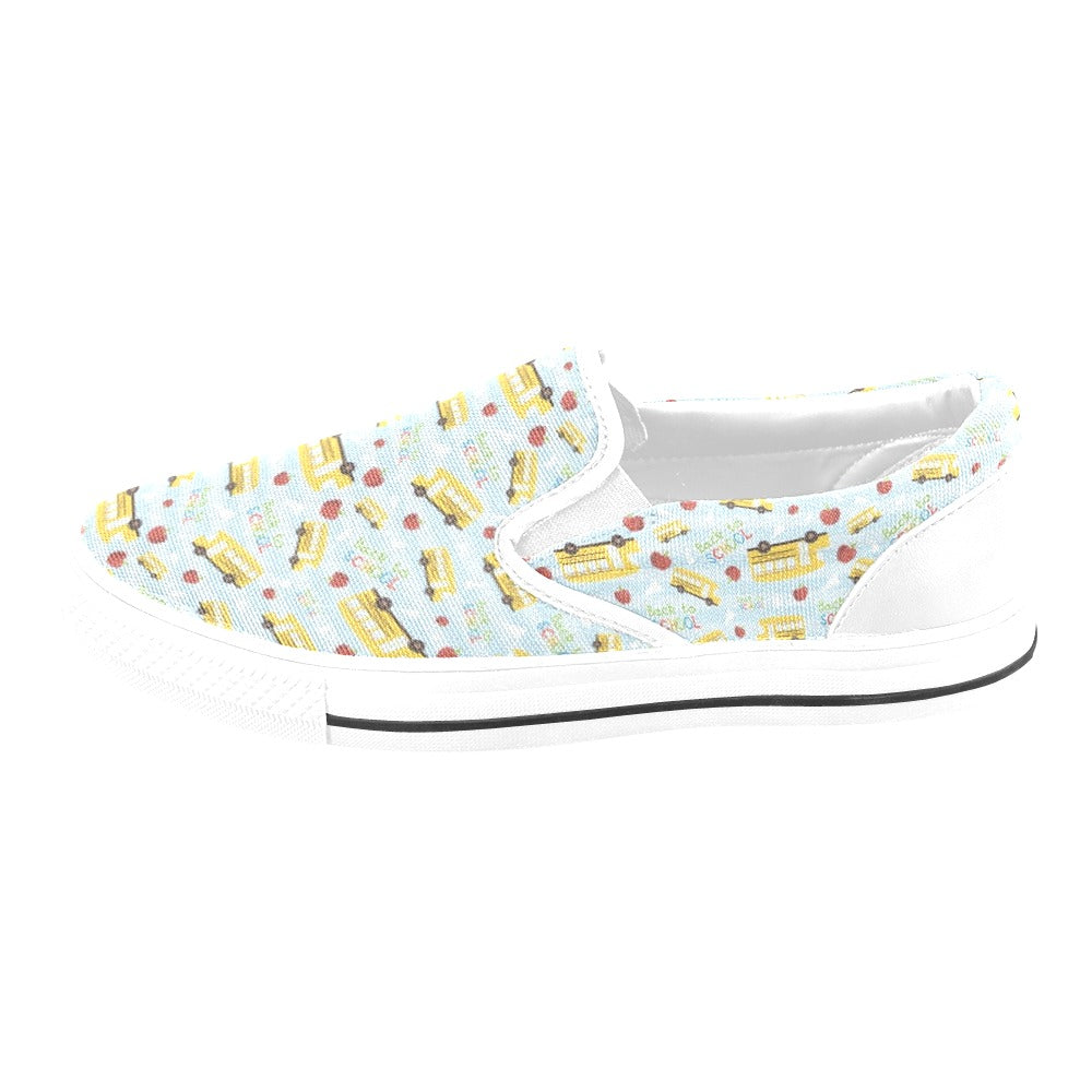School Bus Back To School Print Design LKS303 White Slip Ons Canvas Women's Shoes
