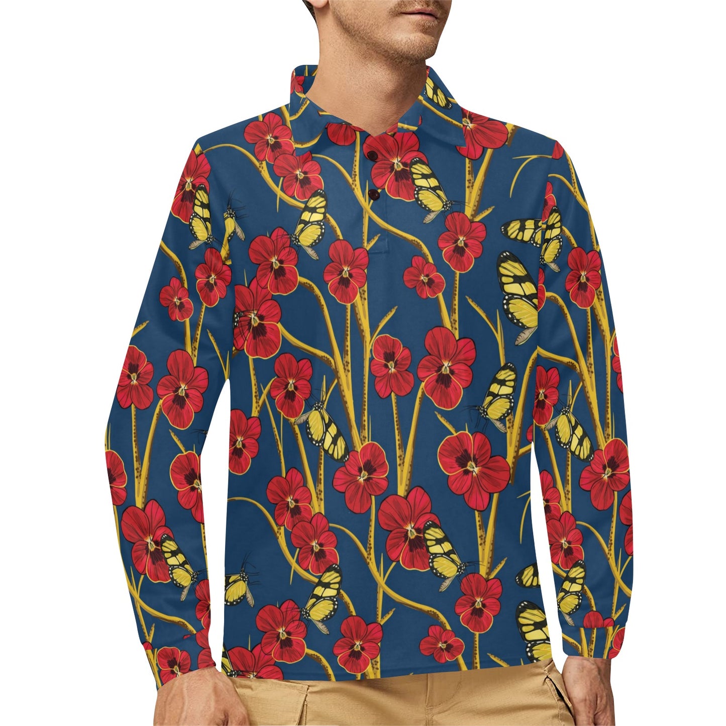 Pansy Pattern Print Design A01 Long Sleeve Polo Shirt For Men's