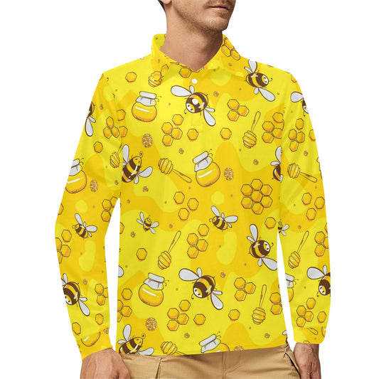 Bee Pattern Print Design BEE01 Long Sleeve Polo Shirt For Men's