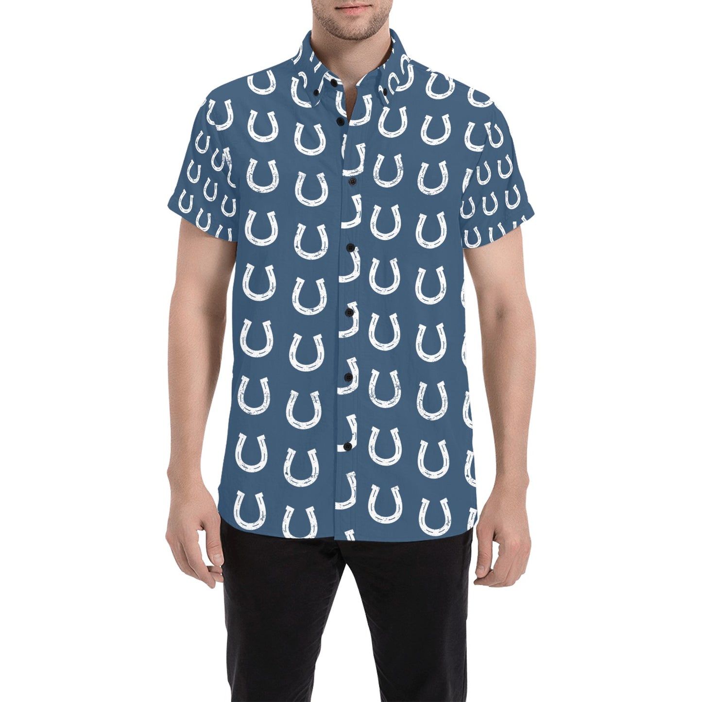 Horseshoe Print Design LKS301 Men Short Sleeve Button Up Shirt