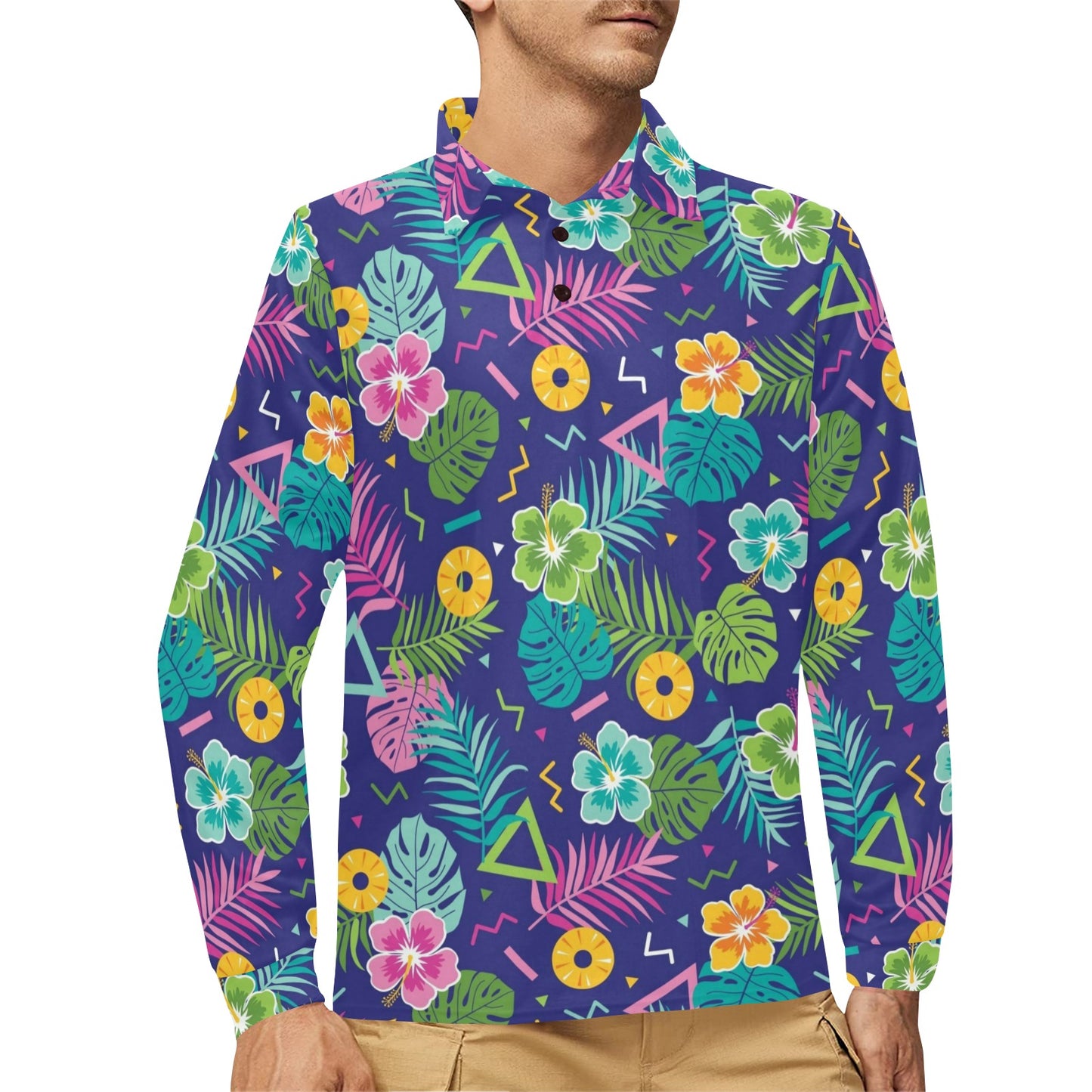 Hawaiian Themed Pattern Print Design H014 Long Sleeve Polo Shirt For Men's