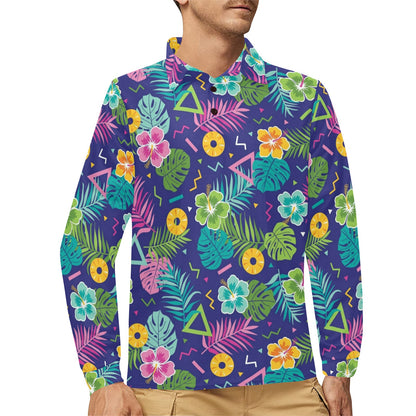 Hawaiian Themed Pattern Print Design H014 Long Sleeve Polo Shirt For Men's