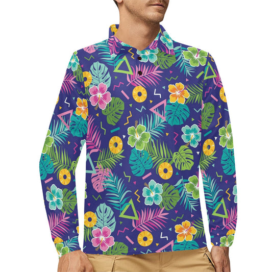 Hawaiian Themed Pattern Print Design H014 Long Sleeve Polo Shirt For Men's