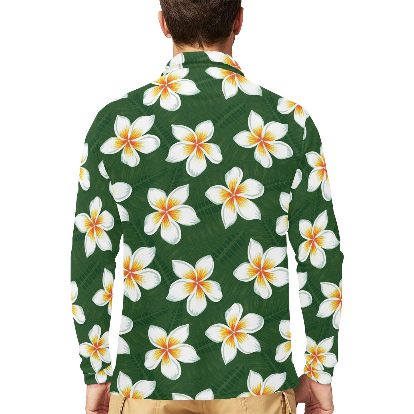 White Plumeria Pattern Print Design PM020 Long Sleeve Polo Shirt For Men's