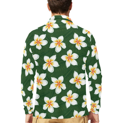 White Plumeria Pattern Print Design PM020 Long Sleeve Polo Shirt For Men's