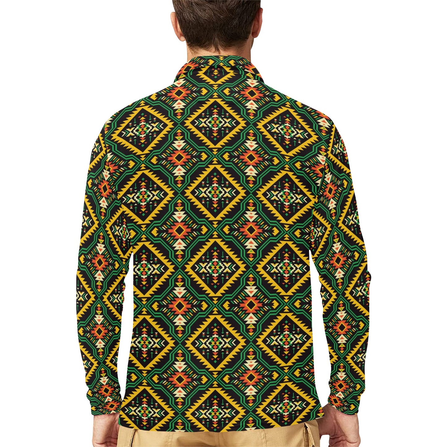 Kente Green Design African Print Long Sleeve Polo Shirt For Men's