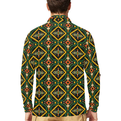 Kente Green Design African Print Long Sleeve Polo Shirt For Men's