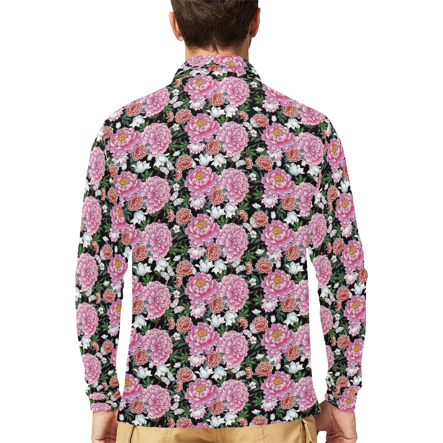 Dahlia Pattern Print Design 02 Long Sleeve Polo Shirt For Men's