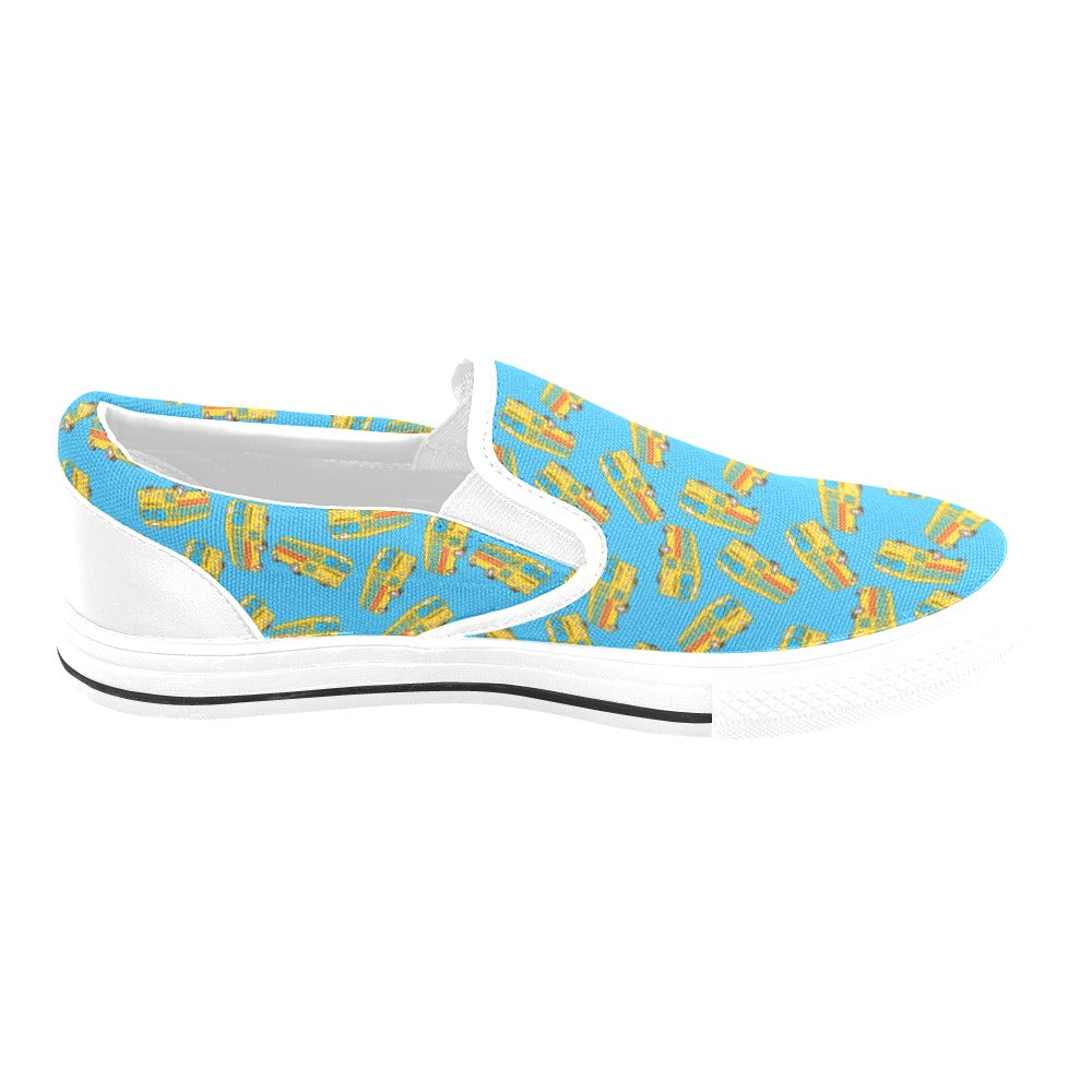 School Bus Print Design LKS302 White Slip Ons Canvas Women's Shoes