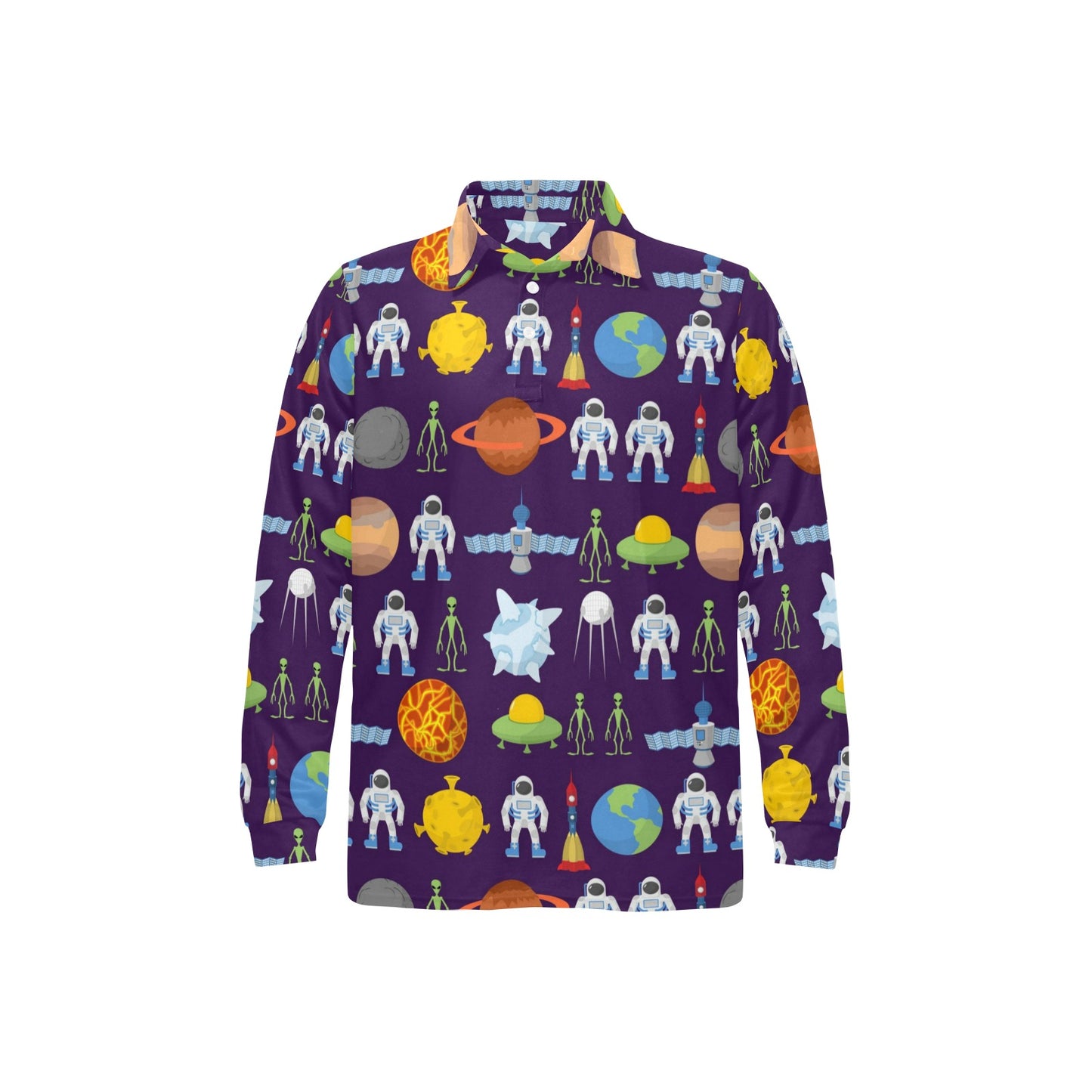 Alien Astronaut Planet Long Sleeve Polo Shirt For Men's
