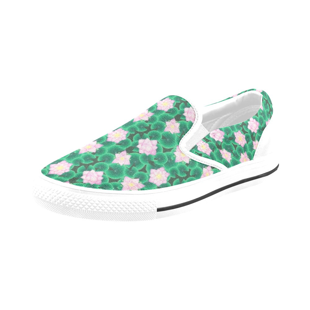 Water Lily Print Design LKS303 White Slip Ons Canvas Women's Shoes
