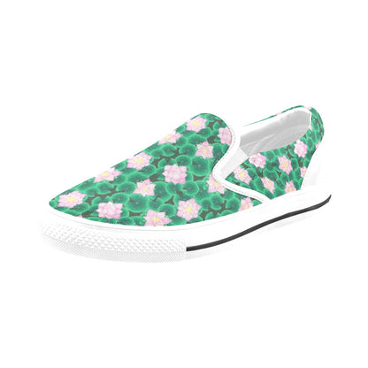Water Lily Print Design LKS303 White Slip Ons Canvas Women's Shoes