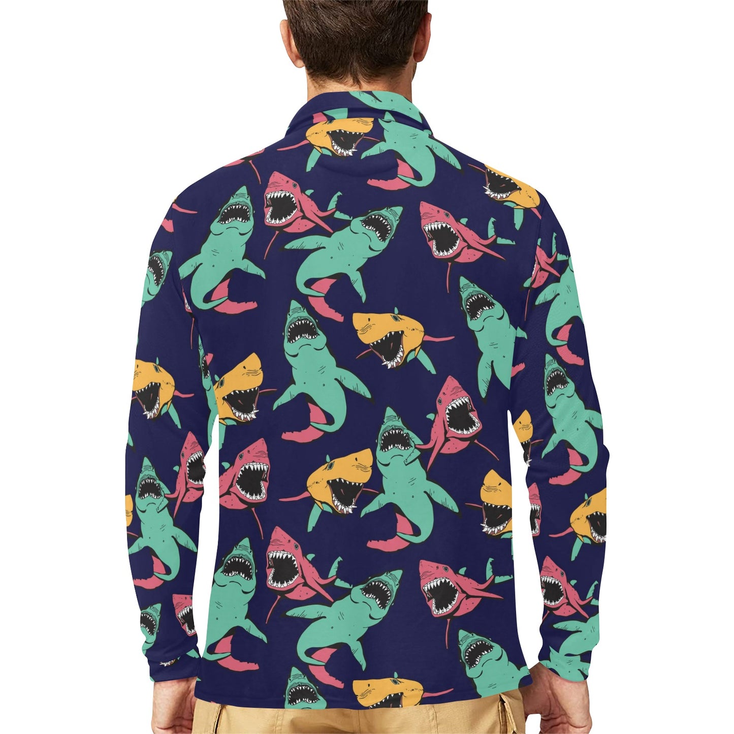 Shark Bite Pattern Long Sleeve Polo Shirt For Men's