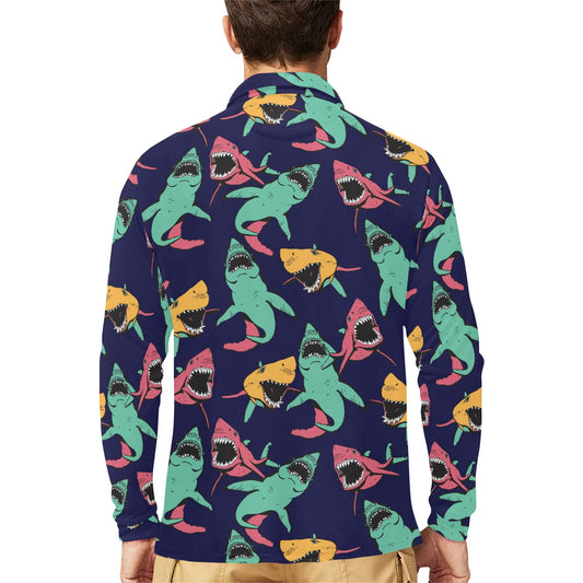 Shark Bite Pattern Long Sleeve Polo Shirt For Men's