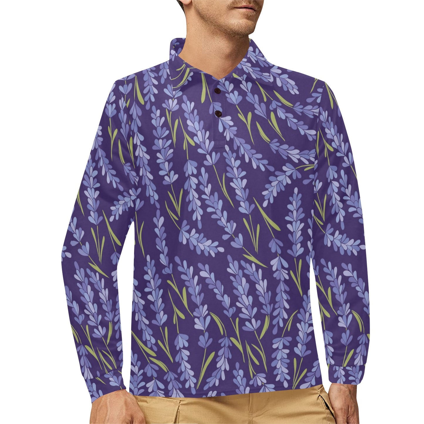 Lavender Pattern Print Design 03 Long Sleeve Polo Shirt For Men's