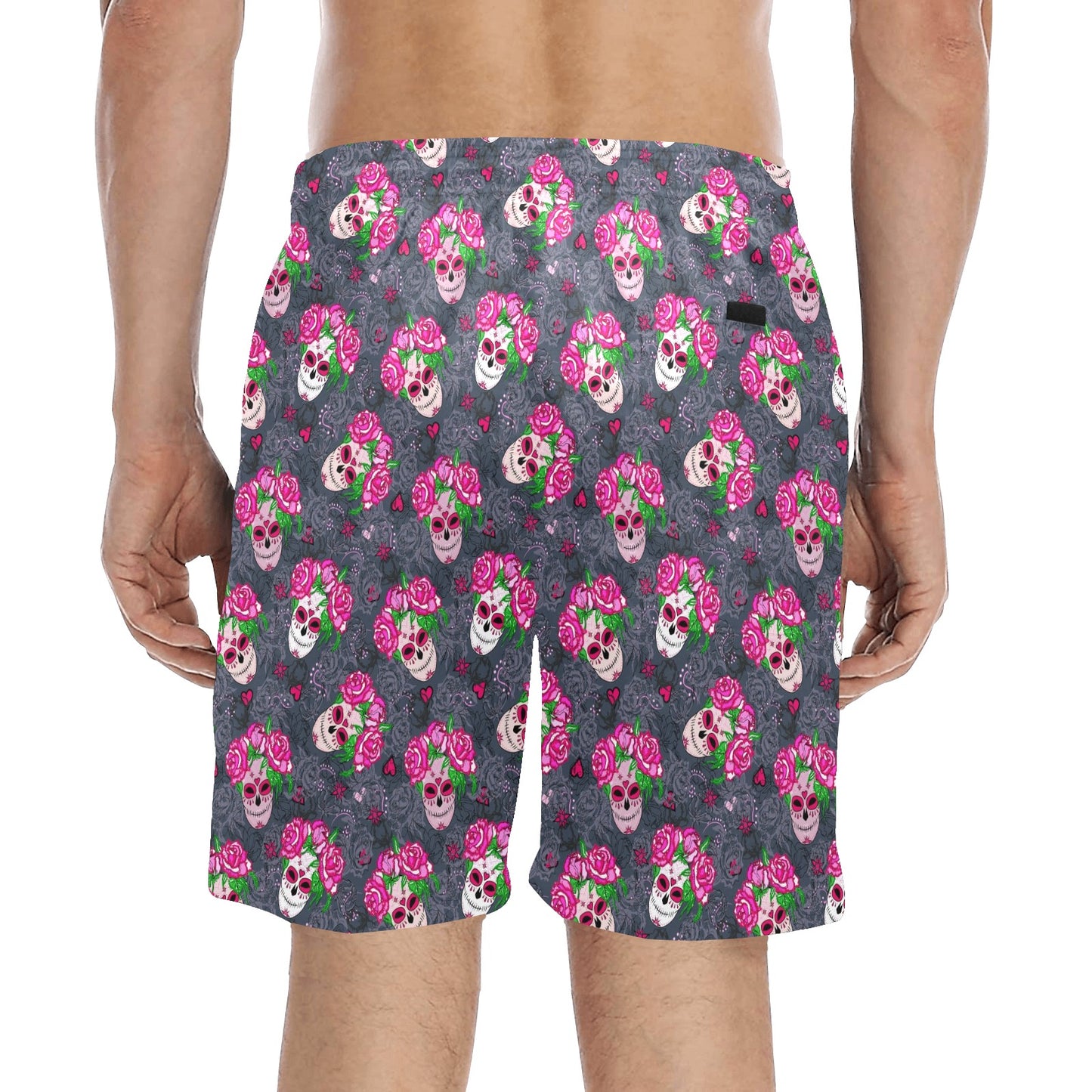 Sugar Skull Pink Rose Themed Print Men's Swim Trunks Beach Shorts