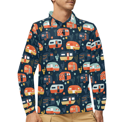 Camper Caravan Print Pattern Long Sleeve Polo Shirt For Men's