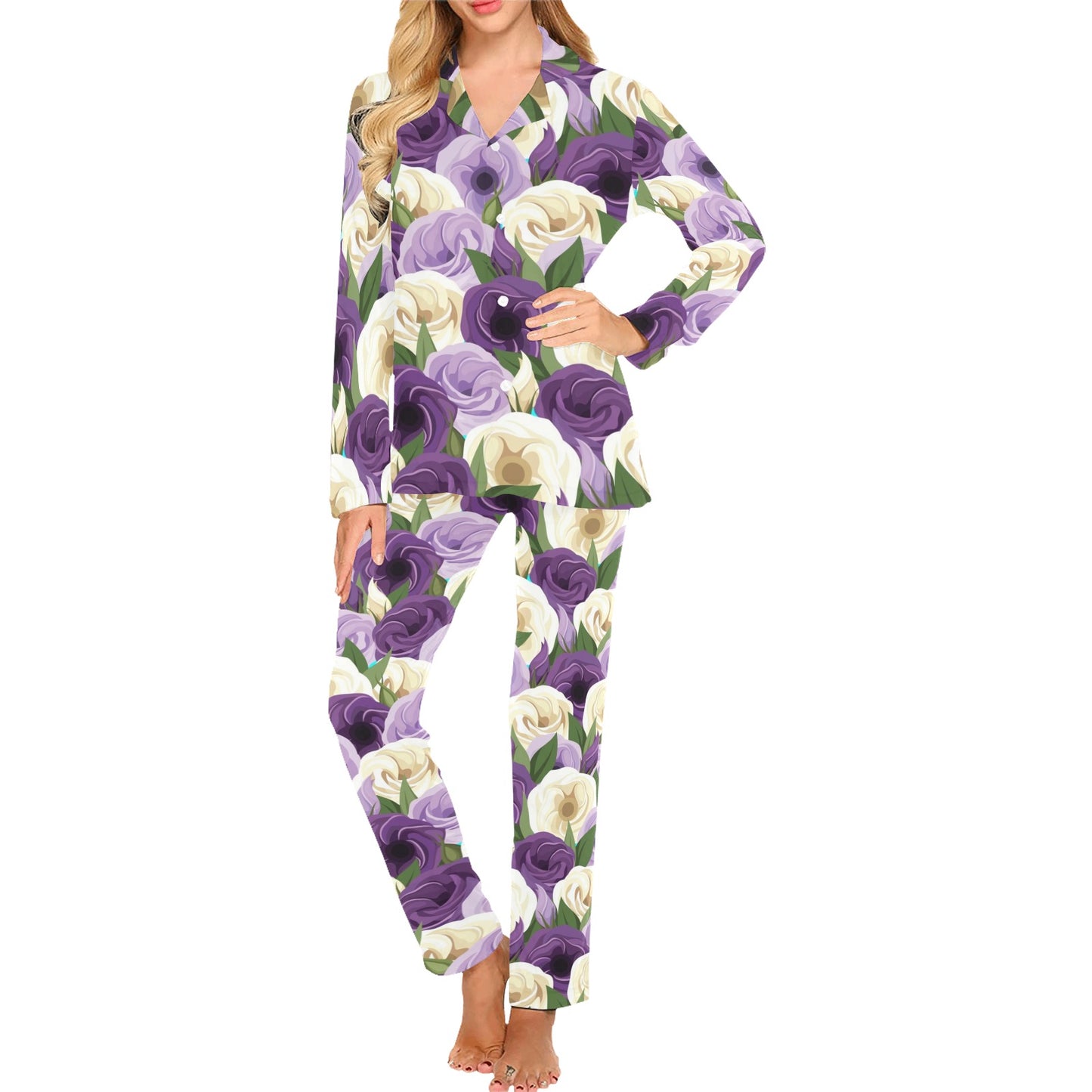 Lisianthus Pattern Print Design LT01 Women's Long Pajama Set