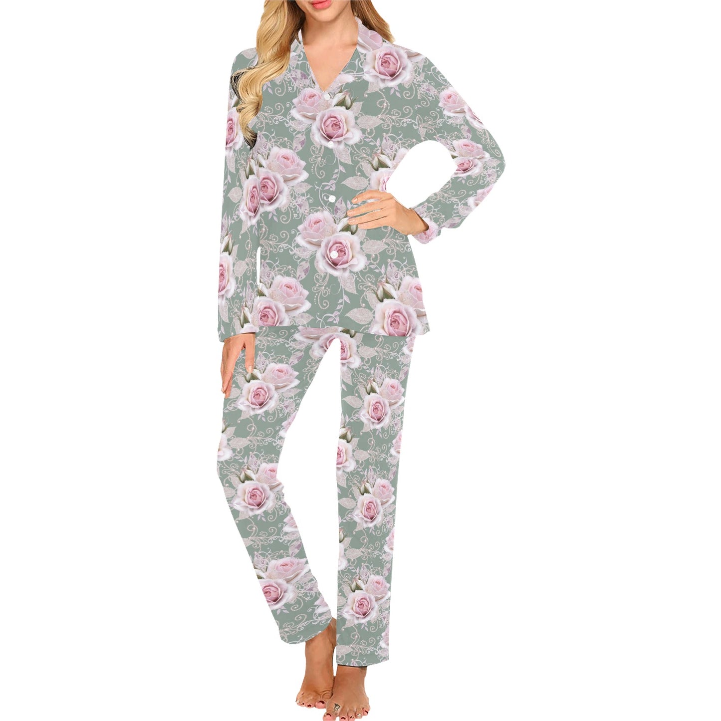 Rose White Pattern Print Design RO012 Women's Long Pajama Set
