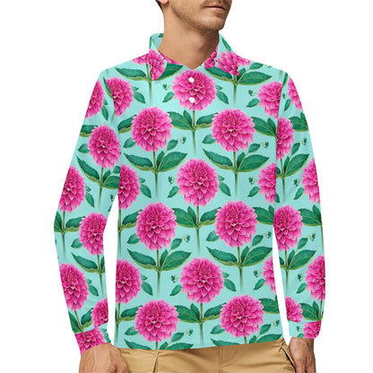 Dahlia Pattern Print Design DH08 Long Sleeve Polo Shirt For Men's