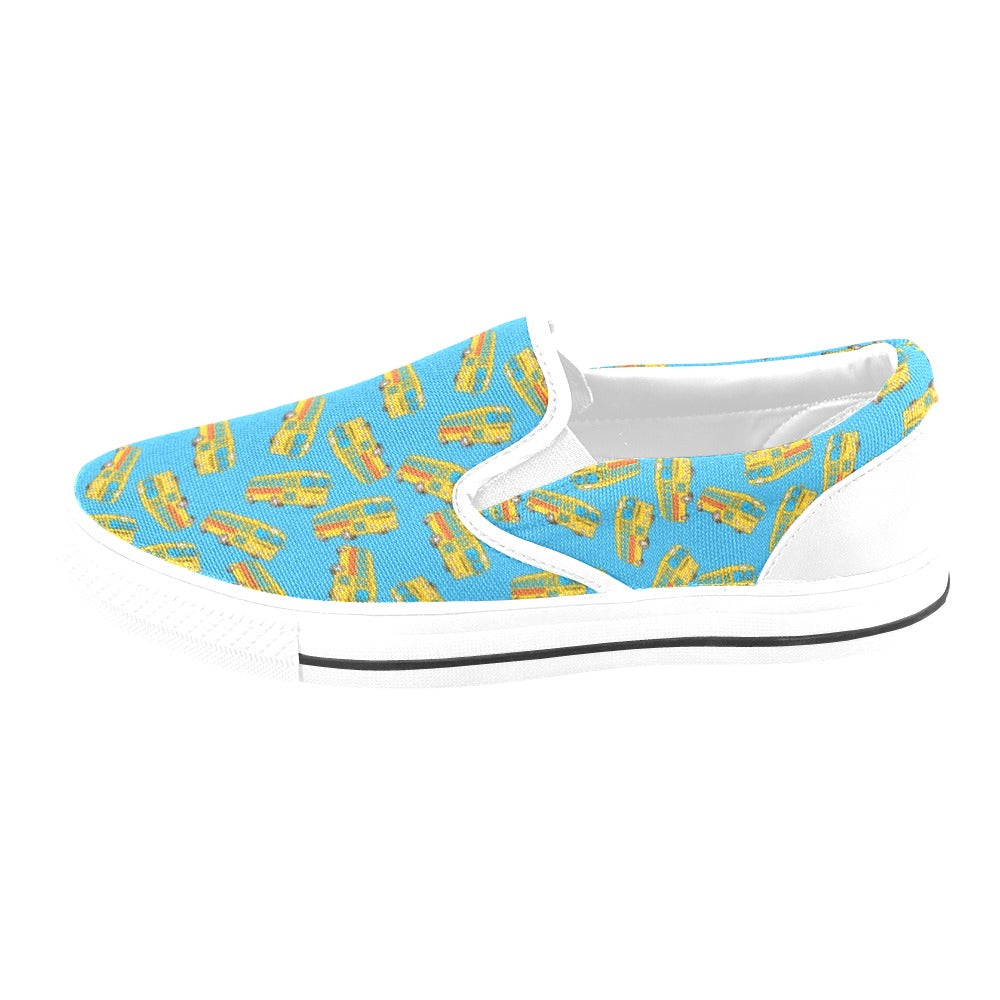 School Bus Print Design LKS302 White Slip Ons Canvas Women's Shoes