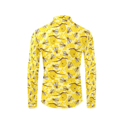 Bee With Honeycomb Print Design LKS302 Men's Long Sleeve Dress Shirt