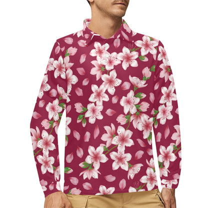 Cherry Blossom Pattern Print Design CB06 Long Sleeve Polo Shirt For Men's