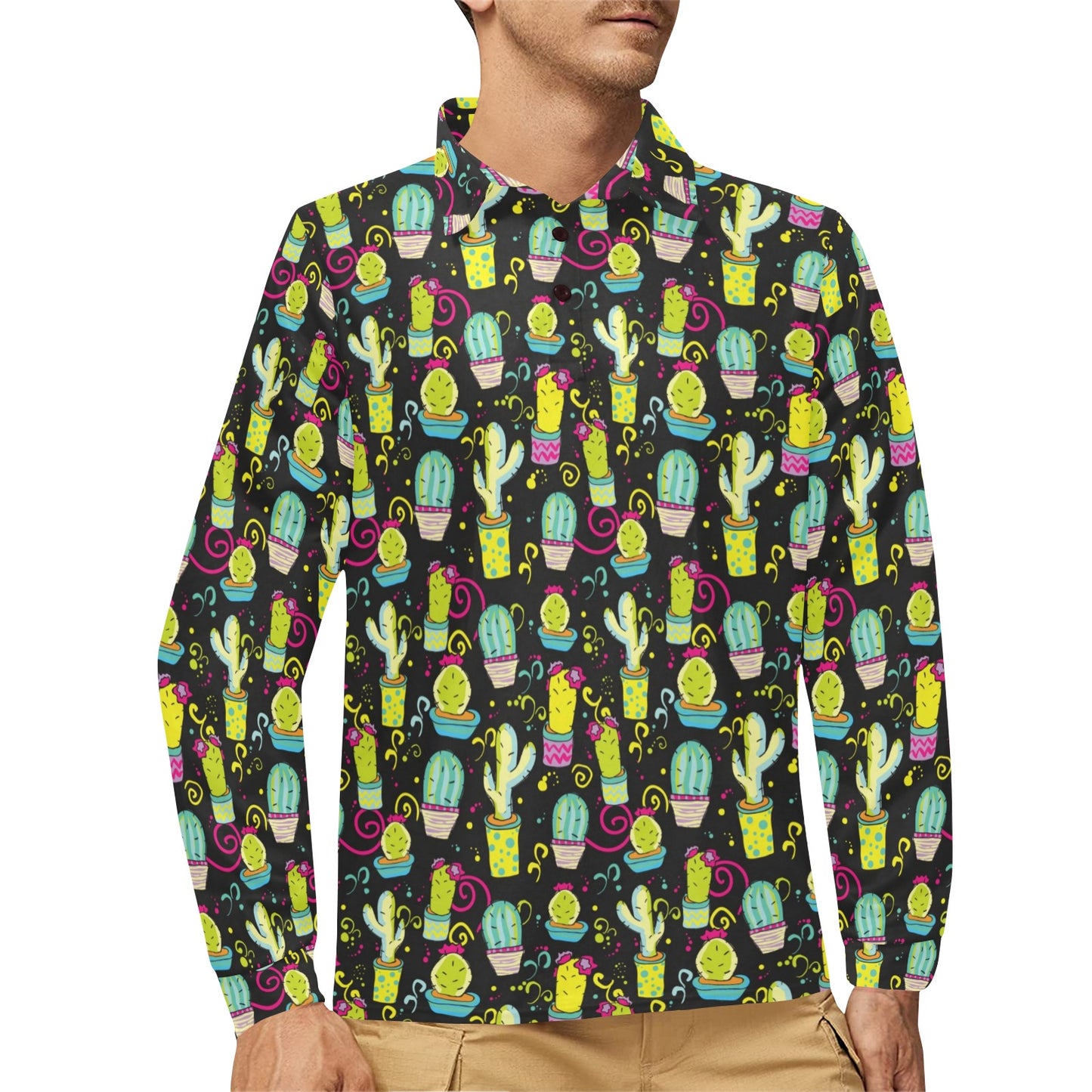 Cactus Neon Style Print Pattern Long Sleeve Polo Shirt For Men's