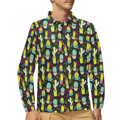 Cactus Neon Style Print Pattern Long Sleeve Polo Shirt For Men's