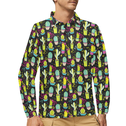 Cactus Neon Style Print Pattern Long Sleeve Polo Shirt For Men's