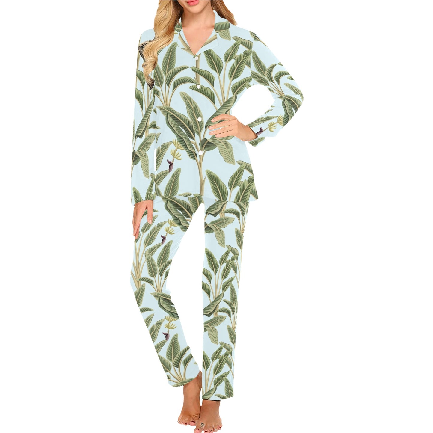 Banana Leaf Pattern Print Design BL03 Women's Long Pajama Set