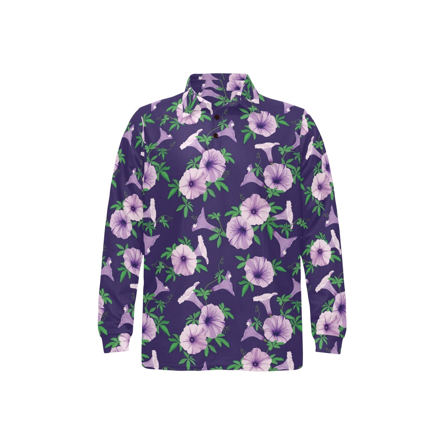 Morning Glory Pattern Print Design MG01 Long Sleeve Polo Shirt For Men's