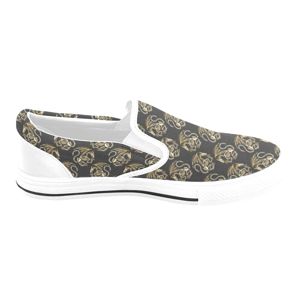 Skeleton Dragon Print Design LKS306 White Slip Ons Canvas Women's Shoes