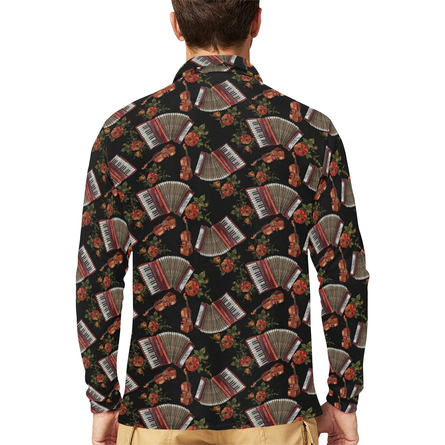 Accordion Print Design LKS403 Long Sleeve Polo Shirt For Men's