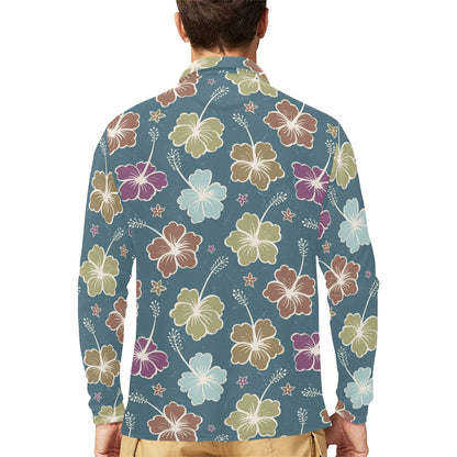 Hibiscus Pattern Print Design HB033 Long Sleeve Polo Shirt For Men's