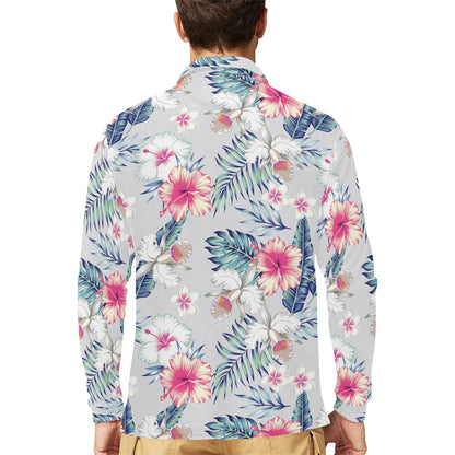 Hibiscus Print Long Sleeve Polo Shirt For Men's
