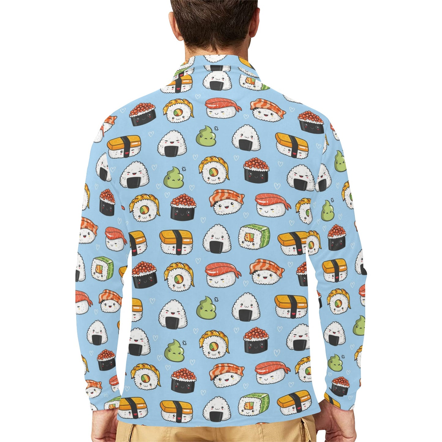 Sushi Print Design LKS303 Long Sleeve Polo Shirt For Men's