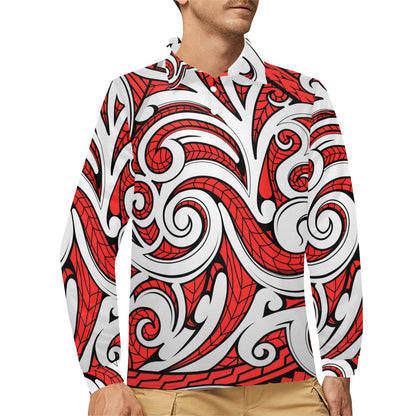 Maori Polynesian Themed Design Print Long Sleeve Polo Shirt For Men's