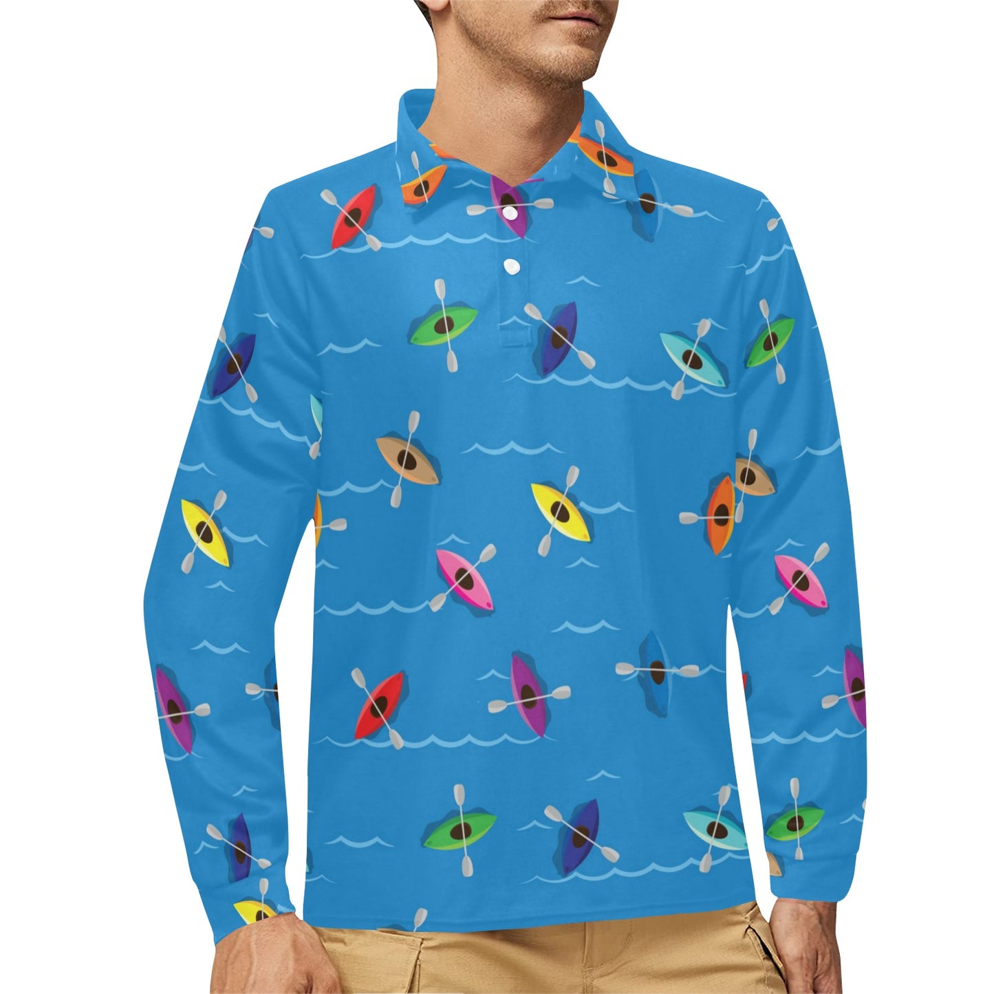 Kayak Pattern Print Design 03 Long Sleeve Polo Shirt For Men's