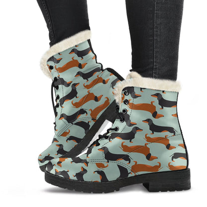 Dachshund Cute Print Pattern Faux Fur Leather Boots-JTAMIGO.COM