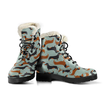 Dachshund Cute Print Pattern Faux Fur Leather Boots-JTAMIGO.COM